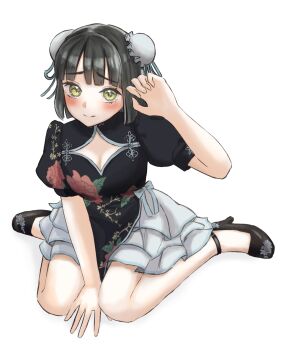 Rule 34 | 1girl, absurdres, black hair, black shirt, blue skirt, blunt bangs, blunt ends, bob cut, breasts, bun cover, cleavage, cleavage cutout, clothing cutout, commentary, double bun, frilled skirt, frills, full body, green eyes, hair bun, hasu no sora pop up shop china collection, highres, link! like! love live!, looking at viewer, love live!, medium breasts, miniskirt, momose ginko, official alternate costume, ponyou1030, puffy short sleeves, puffy sleeves, shirt, short hair, short sleeves, simple background, skirt, solo, virtual youtuber, white background