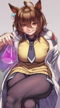 1girl absurdres agnes_tachyon_(tach-nology)_(umamusume) agnes_tachyon_(umamusume) ahoge animal_ears brown_hair chemical_structure commentary_request earrings hair_between_eyes highres holding holding_test_tube horse_ears horse_girl horse_tail huge_ahoge jewelry lab_coat long_sleeves looking_at_viewer medium_hair necktie pantyhose red_eyes shirt short_necktie single_earring sleeves_past_fingers sleeves_past_wrists smile solo sweater tail test_tube umamusume utsuke_(u_tuk_e) wolf_cut yellow_sweater
