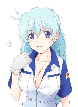 1girl blue_hair blue_shirt braid breasts closed_mouth collared_shirt commentary_request gloves highres jumpsuit large_breasts long_hair looking_at_viewer nori_(norimakigumo) purple_eyes shirt short_sleeves simple_background single_braid sleeveless_jumpsuit smile solo tenjouin_katsura very_long_hair white_background white_jumpsuit yat_anshin_uchuu_ryokou