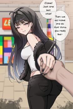 1boy 1girl absurdres ass black_hair blue_eyes breasts camisole ear_piercing english_text facial_mark fur-trimmed_jacket fur_trim heart heart_facial_mark highres holding_hands jacket long_hair looking_at_viewer medium_breasts midriff mole mole_under_eye nabi_(wonnikon) open_clothes open_jacket original piercing pov solo_focus speech_bubble white_camisole wonnikon