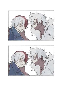 Rule 34 | 2boys, blue jacket, boku no hero academia, border, brothers, commentary, dabi (boku no hero academia), earrings, hair between eyes, hand on another's chin, highres, jacket, jewelry, looking at another, lyuuuuqq13, male focus, multicolored hair, multiple boys, parted lips, red hair, siblings, spiked hair, stitched face, stitched hand, stitches, symbol-only commentary, todoroki shoto, todoroki touya, torn clothes, two-tone hair, white background, white border, white hair