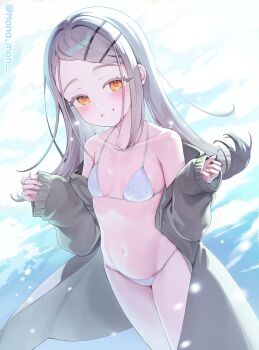 1girl absurdres armpit_crease bikini blonde_hair breasts collarbone colored_eyelashes commentary_request gakuen_idolmaster grin groin hair_ornament hairclip highres idolmaster jacket micro_panties mono_(mono_mon) navel outdoors panties shinosawa_hiro sleeves_past_wrists small_breasts smile snow stomach string_bra swept_bangs swimsuit thighs twitter_username underwear white_bikini yellow_eyes
