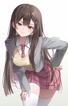 1girl blush brown_eyes brown_hair hair_ornament hairclip highres ika_(4801055) long_hair long_sleeves necktie original school_uniform simple_background skirt smile thighhighs thighs