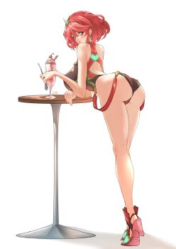 1girl ass deekei earrings high_heels jewelry looking_at_viewer looking_back pyra_(pro_swimmer)_(xenoblade) pyra_(xenoblade) red_eyes red_hair simple_background solo swimsuit tongue tongue_out white_background xenoblade_chronicles_(series) xenoblade_chronicles_2