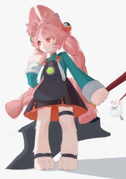 1girl absurdres ahoge animal_ear_fluff animal_ear_piercing animal_ears animal_feet anklet braid braided_twintails bright_pupils charm_(object) chinese_clothes closed_mouth enu0 full_body furry furry_female green_shirt hashtag-only_commentary highres holding holding_sword holding_weapon jewelry long_hair looking_to_the_side medallion pink_fur pink_hair rabbit_girl red_eyes screw shadow shirt short_eyebrows solo sword thick_eyebrows thigh_strap weapon white_pupils zenless_zone_zero zhao_(zenless_zone_zero)