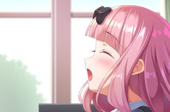 Rule 34 | 1girl, :o, black ribbon, blunt bangs, blush, closed eyes, food, fujiwara chika, gn2, hair ribbon, highres, indoors, kaguya-sama wa kokurasetai ~tensai-tachi no renai zunousen~, long hair, open mouth, pink hair, profile, ribbon, sidelocks, solo focus, tree, window