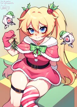 1girl asymmetrical_legwear bell belt blonde_hair blue_eyes bow cawico hair_ornament highres jewelry knees_together_feet_apart long_hair michele_(strinova) mittens necklace santa_costume sidelocks sitting smile solo strinova thick_thighs thigh_strap thighs twintails