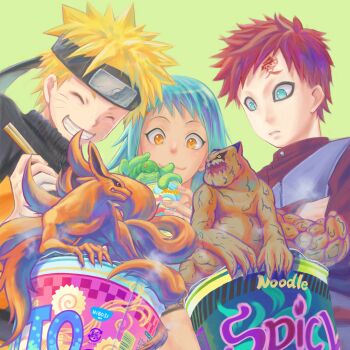 1girl 2boys absurdres blonde_hair blue_eyes blue_hair bug chopsticks choumei_(naruto) instant_cup_noodles dark-skinned_female dark_skin facial_mark forehead_protector fox fuu_(naruto) gaara_(naruto) giya_(pipiluku) green_background highres holding holding_chopsticks instant_cup_noodles instant_noodles kitsune konohagakure_symbol kurama_(naruto) kyuubi multiple_boys multiple_tails naruto_(series) naruto_shippuuden orange_eyes red_hair short_hair shukaku_(naruto) smile tail tanuki teeth uzumaki_naruto whisker_markings