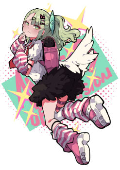 Rule 34 | absurdres, black skirt, chinatsu remiel, choker, collared shirt, commentary, dot nose, english commentary, green eyes, green hair, hair ornament, heart, heart hair ornament, highres, juliet sleeves, leg warmers, legband, long hair, long sleeves, mujib, multicolored leg warmers, necktie, pink arm warmers, pink bag, pink leg warmers, puffy sleeves, red necktie, shirt, simple background, skirt, solo, striped arm warmers, striped leg warmers, sunna (zenless zone zero), wavy mouth, white arm warmers, white leg warmers, wings, x hair ornament, zenless zone zero
