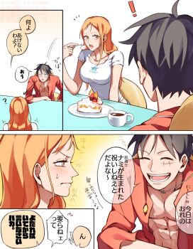 ! 1boy 1girl abs arrow_(symbol) birthday birthday_cake black_hair blush breasts cake commentary cross_scar cup d_e_r_e_l eating elbow_rest facial_scar flying_sweatdrops food fork fruit hair_behind_ear highres holding holding_fork large_breasts long_hair looking_at_another mandarin_orange monkey_d._luffy motion_lines nami_(one_piece) notice_lines one_piece open_clothes open_mouth open_shirt orange_eyes orange_hair pectorals red_shirt scar scar_on_cheek scar_on_chest scar_on_face shirt short_hair short_sleeves single_sidelock sitting speech_bubble sweatdrop symbol-only_commentary translation_request upper_body white_shirt