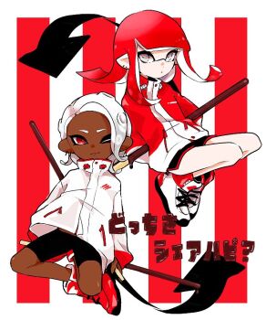 2girls black_shorts blunt_bangs closed_mouth commentary_request dark-skinned_female dark_skin floating_hair food full_body high_tops holding holding_food imaikuy0 inkling inkling_girl inkling_player_character jacket long_hair long_sleeves looking_at_viewer medium_hair multicolored_jacket multiple_girls nintendo octoling octoling_girl octoling_player_character one_eye_closed oversized_food oversized_object parted_bangs pocky pointy_ears red_background red_eyes red_hair red_jacket red_shoes shoes shorts smile sneakers splatoon_(series) splatoon_2 striped_background tentacle_hair two-tone_background two-tone_jacket white_background white_eyes white_hair white_jacket