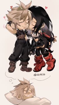 1boy 1girl 4k1030 absurdres arm_behind_head baggy_pants bare_shoulders black_gloves black_hair black_skirt black_thighhighs blonde_hair blush boots brown_boots closed_eyes closed_mouth cloud_strife couple crop_top earrings final_fantasy final_fantasy_vii final_fantasy_vii_remake fingerless_gloves full_body gloves heads_together heart highres holding_hands imagining jewelry leaning_on_person long_hair low-tied_long_hair lying miniskirt motion_lines on_back open_mouth pants parted_lips pillow pleated_skirt red_boots revision short_hair simple_background single_arm_guard single_earring skirt sleeping sleeveless sleeveless_turtleneck smile spiked_hair standing sweater tank_top thighhighs tifa_lockhart turtleneck turtleneck_sweater twitter_username under_covers white_tank_top zettai_ryouiki