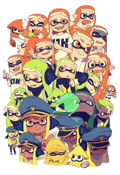 3girls ^^^ absurdres agent_3_(splatoon) behind-the-head_headphones black_jacket blonde_hair blue_hat captain_3_(splatoon) chibi chibi_inset closed_eyes colored_tongue commentary_request dark-skinned_female dark_skin dual_persona fangs green_hair green_tongue hat headphones high-visibility_clothing high-visibility_vest highres holding holding_weapon inkling inkling_(swim_form) inkling_girl inkling_player_character jacket long_hair multiple_expressions multiple_girls multiple_views nintendo open_mouth orange_eyes orange_hair orange_tongue peaked_cap pointy_ears shaded_face shirt short_sleeves simple_background sleepy smile splatoon_(series) splatoon_1 splatoon_2 splatoon_2:_octo_expansion splatoon_3 splattershot_(splatoon) squeans t-shirt tearing_up tentacle_hair twintails v v-shaped_eyebrows weapon white_background white_shirt zendoundo