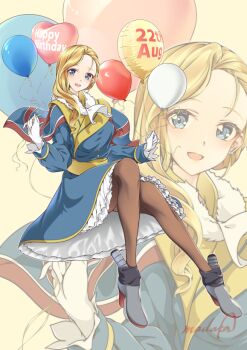1girl azur_lane balloon blonde_hair blue_capelet blue_dress blue_eyes blush boots breasts brown_pantyhose capelet dress earrings gloves hair_over_shoulder happy_birthday hat heart_balloon hood_(azur_lane) jewelry large_breasts long_hair looking_at_viewer madakov_kodima pantyhose signature sitting smile solo union_jack unworn_hat unworn_headwear white_gloves zoom_layer