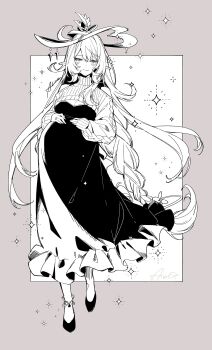 1girl absurdres aiwo_o_lite alice_(genshin_impact) anklet braid breasts commentary_request dress hat highres jewelry large_breasts long_braid long_dress long_hair monochrome pregnant ring simple_background smile solo twin_braids wedding_ring witch_hat