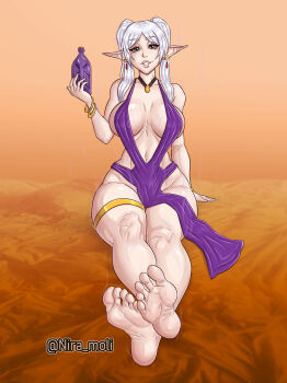 Rule 34 | 1girl, barefoot, feet, frieren, green eyes, highres, long hair, looking at viewer, nira moli, parted lips, pointy ears, soles, sousou no frieren, toes, twintails, white hair