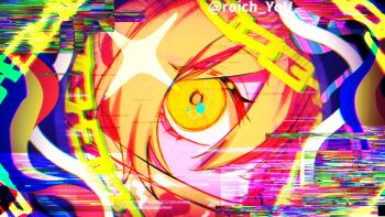 1girl blonde_hair chain close-up commentary_request don_quixote_(project_moon) eye_focus glitch hair_between_eyes highres index_(identity)_(project_moon) limbus_company looking_at_viewer monitoring_(vocaloid) pmchell_04 project_moon solo twitter_username yellow_eyes