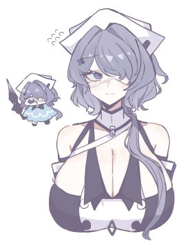 1girl arknights armpit_crease arms_at_sides bare_shoulders breasts chibi cleavage closed_mouth collar collarbone commentary cropped_arms cropped_torso detached_sleeves eyepatch grey_eyes grey_hair hair_intakes hair_ornament hair_over_breasts hat highres hmrsh huge_breasts long_hair looking_to_the_side medical_eyepatch multiple_views nurse_cap simple_background umbrella upper_body whisperain_(arknights) white_background x_hair_ornament