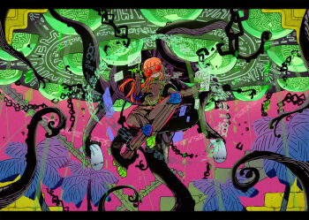 1girl brown_pants chain fate_(series) long_hair medjed_(fate) mokeo necronomicon_(persona_5) oracle_(persona_5) orange_hair pants parted_lips persona persona_5 sakura_futaba smile solo tentacles tree wide_shot