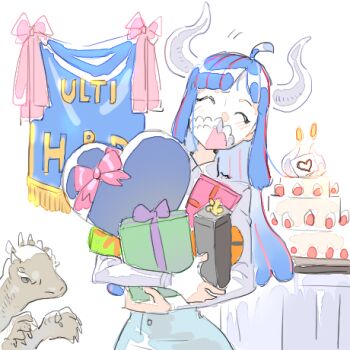 1girl ahoge birthday birthday_cake blue_hair blue_skirt box cake character_name closed_eyes commentary dinosaur english_commentary facing_viewer food gift gift_box heart-shaped_box holding holding_gift horns leaning_to_the_side light_blush long_hair long_sleeves lowres mask mouth_mask one_piece raine_(acke2445) shirt skirt solo ulti_(one_piece) upper_body white_shirt