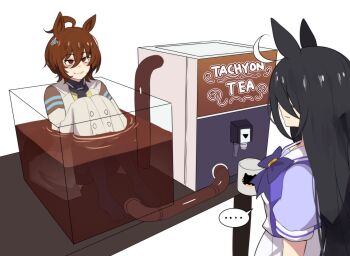 ... 2girls absurdres agnes_tachyon_(tach-nology)_(umamusume) agnes_tachyon_(umamusume) ahoge animal_ears black_hair black_necktie blush bow bowtie brown_hair closed_mouth coat coffee cup earrings hair_between_eyes highres hinghoi horse_ears horse_girl jewelry lab_coat long_bangs long_hair long_hair_between_eyes long_sleeves manhattan_cafe_(umamusume) multicolored_hair multiple_girls necktie pantyhose puffy_short_sleeves puffy_sleeves purple_bow purple_bowtie purple_shirt red_eyes sailor_collar sailor_shirt school_uniform shirt short_necktie short_sleeves single_earring sitting skirt sleeves_past_fingers sleeves_past_wrists smile speech_bubble spoken_ellipsis sweater sweater_vest tea tracen_school_uniform umamusume very_long_hair white_coat white_hair white_sailor_collar white_skirt wolf_cut yellow_sweater yellow_sweater_vest