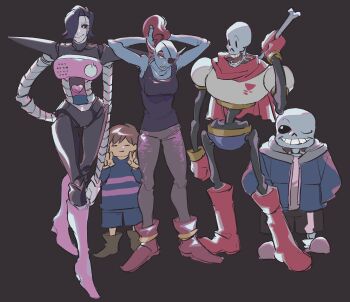 1girl 1other 3boys =_= absurdres android black_hair black_tank_top blue_jacket blue_skin bone boots brown_hair cape closed_eyes colored_skin double_v fins frisk_(undertale) full_body grey_background grey_pants grin hair_over_one_eye hands_in_own_hair hands_in_pockets head_fins highres holding holding_bone hood hooded_jacket jacket mettaton mettaton_ex multiple_boys pants papyrus_(undertale) red_boots red_cape red_hair sans_(undertale) short_hair simple_background smile standing swept_bangs tank_top udohepu undertale utdr_(toby_fox) v