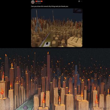 benii21 commentary english_commentary highres minecraft night no_humans outdoors pillar reference_inset spire torch