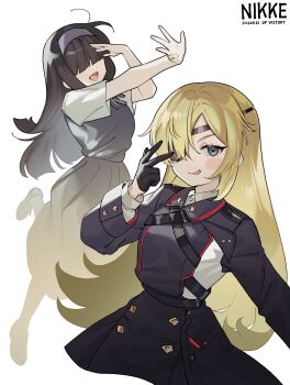 2girls black_gloves black_hair blonde_hair blue_eyes blunt_bangs chloe_(nikke) chuunibyou commentary_request eyepatch full_body gloves goddess_of_victory:_nikke guillotine_(nikke) hair_over_eyes hairband half_gloves hand_over_eye hand_up highres jacket leg_up leggings long_hair long_sleeves looking_at_viewer machishita_atake military_jacket military_uniform multiple_girls neck_ribbon open_mouth outstretched_arm ribbon shoes short_sleeves simple_background skirt skirt_set smile strap upper_body v vest white_background wing_collar