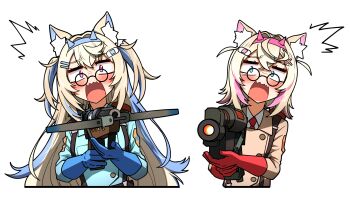 Rule 34 | 2girls, aiming, aiming at viewer, alternate costume, animal ears, shoulder patch, backpack, bag, blonde hair, blue eyes, blue gloves, blue hair, blush, bow (weapon), constricted pupils, cosplay, crossbow, ddolbang, dog ears, dog girl, fuwawa abyssgard, glasses, gloves, gun, hair ornament, headband, highres, holding, holding gun, holding weapon, hololive, hololive english, lab coat, long hair, looking at viewer, medic (tf2), mococo abyssgard, multicolored hair, multiple girls, necktie, open mouth, patch, pink eyes, pink hair, red gloves, scared, screaming, short hair, siblings, sisters, streaked hair, syringe gun, team fortress 2, torso, twins, two side up, virtual youtuber, weapon