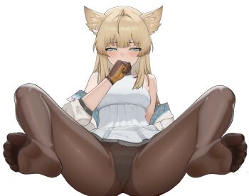 Rule 34 | 1girl, animal ears, arknights, arknights: endfield, blonde hair, blue eyes, blush, covering own mouth, feet, gd146, hand over own mouth, highres, long hair, looking at viewer, panties, panties under pantyhose, pantyhose, pantyshot, parted lips, perlica (arknights), soles, spread legs, toes, underwear