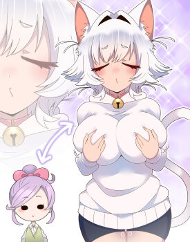 Rule 34 | 2girls, absurdres, animal ear fluff, animal ears, arrow (symbol), bell, bike shorts, blush, bow, breasts, cat ears, cat tail, chibi, chibi inset, closed eyes, collar, commentary, cowboy shot, english commentary, erigo, grabbing own breast, hair bow, hair intakes, high ponytail, highres, hood, hood down, hoodie, huge breasts, jingle bell, kimi no koto ga dai dai dai dai daisuki na 100-nin no kanojo, long sleeves, momi momiji, multiple girls, neck bell, nekonari tama, no pants, personality switch, pink bow, pink collar, ponytail, pout, purple hair, short hair, solid circle eyes, sparkle, tail, thigh gap, triangle mouth, white hair, white hoodie, zoom layer