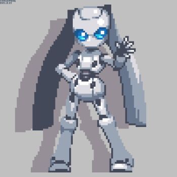 1girl blue_eyes drossel_von_flugel fireball_(series) hand_on_own_hip humanoid_robot joints mechanical_hair no_mouth pixel_art robot robot_girl robot_joints sakuemon solo twintails