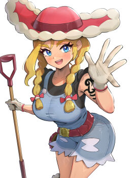 Rule 34 | 1girl, :d, absurdres, arm tattoo, blonde hair, blue eyes, blue overalls, braid, breasts, collarbone, commentary request, freckles, gloves, gonzarez, hat, highres, holding, holding shovel, kitt (pokemon), large breasts, long hair, looking at viewer, nintendo, open mouth, overalls, pokemon, pokemon champions, red hat, shovel, simple background, smile, solo, tattoo, twin braids, white background, white gloves