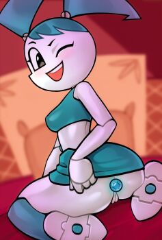 1girl ;d anal anal_object_insertion android ass breasts butt_plug cleft_of_venus clothes_lift colored_skin crop_top from_behind green_hair green_shirt green_skirt highres jenny_wakeman joints loodncrood looking_at_viewer medium_breasts my_life_as_a_teenage_robot object_insertion one_eye_closed open_mouth pussy robot robot_joints sex_toy shiny_skin shirt sitting skirt skirt_lift smile solo twintails uncensored y2k_fashion