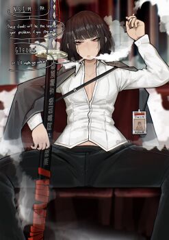 1girl black_hair black_jacket black_pants blowing_smoke blurry blurry_background bob_cut breasts chair cigarette collarbone collared_shirt commentary commentary_request english_commentary english_text highres holding holding_cigarette id_card jacket jacket_on_shoulders katana limbus_company looking_at_viewer open_mouth pants project_moon red_eyes ryoshu_(project_moon) sheath sheathed shirt short_hair sitting small_breasts smoke solo spread_legs sword tomoart985 translation_request weapon white_shirt