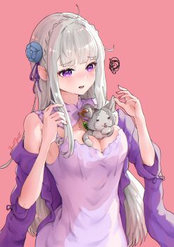 1girl absurdres adapted_costume blush braid breasts cardigan cleavage cleavage_cutout clothing_cutout commentary_request crown_braid dress elf emilia_(re:zero) flower gradient_background grey_hair hair_flower hair_ornament highres justjast long_hair medium_breasts off_shoulder open_cardigan open_clothes open_mouth pink_background pointy_ears puck_(re:zero) purple_dress purple_eyes re:zero_kara_hajimeru_isekai_seikatsu signature solo upper_body wide_sleeves