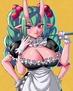 1girl apron beads black_dress braid breasts cleavage closed_mouth collar commentary cowboy_shot demon_girl dress earrings english_commentary enma_(enmanuelart) extra_arms eyelashes frilled_apron frilled_collar frilled_dress frills gloves green_hair hair_beads hair_ornament hand_to_own_mouth hands_on_own_hips highres holding holding_whip horns jewelry large_breasts lips long_hair looking_at_viewer maid maid_apron markings_on_cheeks original partially_fingerless_gloves pointy_ears puffy_short_sleeves puffy_sleeves purple_eyes red_lips short_sleeves sidelocks simple_background skin-covered_horns smile solo twin_braids white_collar white_gloves yellow_background