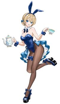 1girl animal_ear_hairband animal_ears bare_shoulders black_bow black_bowtie black_pantyhose blonde_hair blue_eyes blue_leotard blue_shoes blue_skirt blue_wrist_cuffs bow bowtie breasts commentary_request cup darjeeling_(girls_und_panzer) detached_collar fake_animal_ears full_body girls_und_panzer hairband high_heels highres leotard licoris_miko nape_braid pantyhose platform_shoes playboy_bunny rabbit_ears shoes short_hair showgirl_skirt side-tie_leotard simple_background skirt smile solo strapless strapless_leotard teacup teapot white_background wrist_cuffs