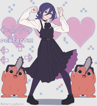 1girl bemani black_choker black_dress black_pantyhose black_ribbon black_shoes blue_hair breasts chainsaw_man choker closed_mouth collared_shirt commentary_request creature dance_dance_revolution dancing dress full_body green_eyes grenade_pin hair_between_eyes hair_bun hands_up highres loafers long_dress long_hair medium_breasts medium_hair miri_(cherryjelly) neck_ribbon official_alternate_costume pantyhose pinafore_dress pochita_(chainsaw_man) reze_(chainsaw_man) ribbon school_uniform shirt shirt_under_dress shoes sleeveless sleeveless_dress smile twitter_username updo white_shirt