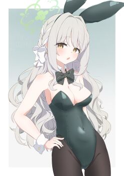 1girl absurdres alternate_costume animal_ears black_bow black_bowtie black_leotard black_pantyhose blue_archive blush bow bowtie braid breasts cleavage commentary covered_navel cowboy_shot detached_collar fake_animal_ears green_leotard grey_hair hair_bow halo hand_on_own_hip highres leotard long_hair looking_at_viewer medium_breasts miyo_(blue_archive) open_mouth pantyhose playboy_bunny rabbit_ears saku-ra_(sakura3hub) solo strapless strapless_leotard wrist_cuffs yellow_eyes
