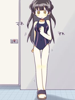 1girl arm_behind_back black_hair black_mask blunt_bangs brown_eyes covered_erect_nipples ear_piercing full_body highres konata_(kankin_jk) long_hair mishiranu_joshikousei_ni_kankin_sareta_mangaka_no_hanashi nm_shirasu one-piece_swimsuit piercing public_restroom sandals solo standing swimsuit toilet_stall