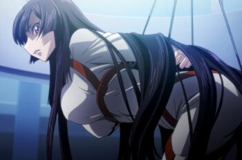 1girl anime_screenshot arms_behind_back bdsm black_hair bodysuit bondage bound bound_arms bound_breasts breasts code_geass code_geass:_dakkan_no_roze highres large_breasts long_hair official_alternate_costume red_eyes stitched straitjacket sumeragi_sakuya third-party_edit very_long_hair white_bodysuit