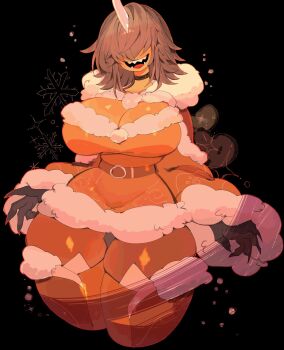 1girl black_background black_choker black_gloves breasts brown_hair choker commentary commission curvy dress english_commentary facing_viewer fur-trimmed_dress fur_trim gloves hair_over_eyes highres horns large_breasts long_bangs long_sleeves open_mouth orange_dress orange_thighhighs original sharp_teeth short_hair single_horn smile solo teeth thick_thighs thighhighs thighs usa37107692 wide_hips