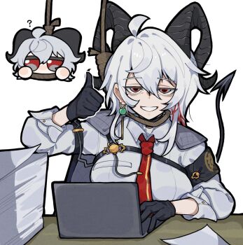 1girl armband bags_under_eyes black_armband black_gloves black_horns black_tail chest_harness computer curled_horns demon_tail gloves harness highres horns jacket jacket_on_shoulders laptop looking_at_viewer necktie noose paper_stack quilted_cape red_necktie smile solo_focus tail thumbs_up white_background white_hair wuthering_waves zani_(wuthering_waves) zunusama