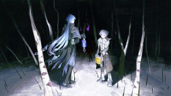 Rule 34 | 2boys, bare tree, black capelet, black coat, black pants, blue hair, blue pants, boots, capelet, chest harness, coat, commentary request, flins (genshin impact), full body, genshin impact, gradient hair, harness, highres, holding, holding lantern, illuga (genshin impact), lantern, long hair, looking at viewer, male focus, multicolored hair, multiple boys, night, outdoors, pants, parted bangs, shirt, skyskywww, snow, standing, tree, turtleneck, very long hair, white hair, white shirt