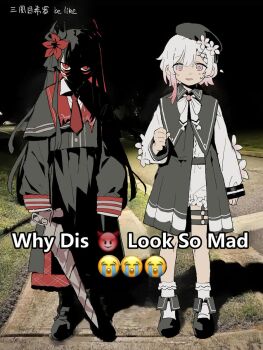 2girls arms_at_sides black_dress black_hair black_jacket bobby_socks chinese_text d.y.x. dress english_text extra_eyes face_in_shadow flower full_body glaring hair_flower hair_ornament hand_up highres holding holding_sword holding_weapon horns jacket long_sleeves looking_at_viewer mahou_shoujo_no_majo_saiban meme mixed-language_text multiple_girls necktie night nikaido_hiro outdoors photo_background pink_eyes red_eyes red_flower red_necktie sakuraba_ema shorts side-by-side sidewalk sleeves_past_fingers sleeves_past_wrists smile socks spoilers standing sword thigh_strap translation_request weapon white_hair white_shorts why_dis_ninja_look_so_mad_(meme) witch_(manosaba)