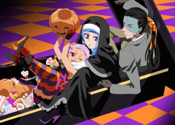 Rule 34 | 1boy, 2girls, ange serena, black gloves, candy, closed mouth, coffin, food, fumiko (mesushi), gloves, halloween, hermana larmo, high heels, jack-o'-lantern, long hair, makeup, multiple girls, nun, one eye closed, open mouth, pumpkin, ricardo soldato, short hair, smile, striped clothes, striped thighhighs, tales of (series), tales of innocence, thighhighs, very short hair