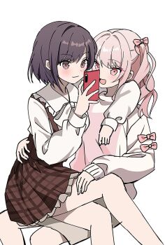 1girl 1other :d akiyama_mizuki arm_around_back arm_around_neck blush bow bowtie brown_eyes brown_hair brown_skirt closed_mouth collared_shirt cowboy_shot crossed_legs frilled_shirt_collar frilled_skirt frills gin_(gin937) hair_ribbon hand_on_another's_back hand_on_another's_leg high_side_ponytail highres holding holding_phone invisible_chair looking_at_another looking_at_object medium_hair medium_skirt miniskirt open_mouth phone pink_eyes pink_hair pink_ribbon pink_sweater plaid_clothes plaid_skirt project_sekai ribbon shinonome_ena shirt short_hair sidelocks simple_background sitting sitting_on_lap sitting_on_person skirt sleeves_past_wrists smile strap sweater swept_bangs two-tone_sweater white_background white_bow white_bowtie white_shirt white_sweater