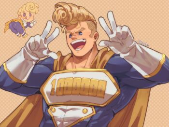 Rule 34 | addy (@vegeebs), artist name, ass, blonde hair, blue eyes, boku no hero academia, chibi, commentary, double v, english commentary, gloves, highres, male focus, muscular, muscular male, open mouth, pompadour, short hair, smile, superhero costume, teeth, togata mirio, undercut, upper body, v, white gloves