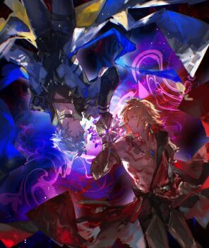 2boys antenna_hair arm_tattoo armlet armor black_choker black_coat black_shirt blonde_hair blue_cape blue_eyes braid cape chest_tattoo chinese_commentary choker clawed_gauntlets coat commentary_request earrings facial_tattoo gold_earrings gold_necklace gradient_hair highres honkai:_star_rail honkai_(series) jewelry male_focus medium_hair multicolored_hair multiple_boys mydei_(honkai:_star_rail) neck_tattoo necklace open_clothes open_coat parted_bangs pauldrons phainon_(honkai:_star_rail) red_cape red_hair red_tattoo shirt short_hair shoulder_armor side_braid single_pauldron sun_symbol sun_tattoo tan tattoo white_coat white_hair xinjinjumin6201790 yellow_eyes